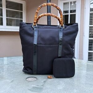 Gucci Bamboo Canvas Black Tote Bag with Wallet Set
